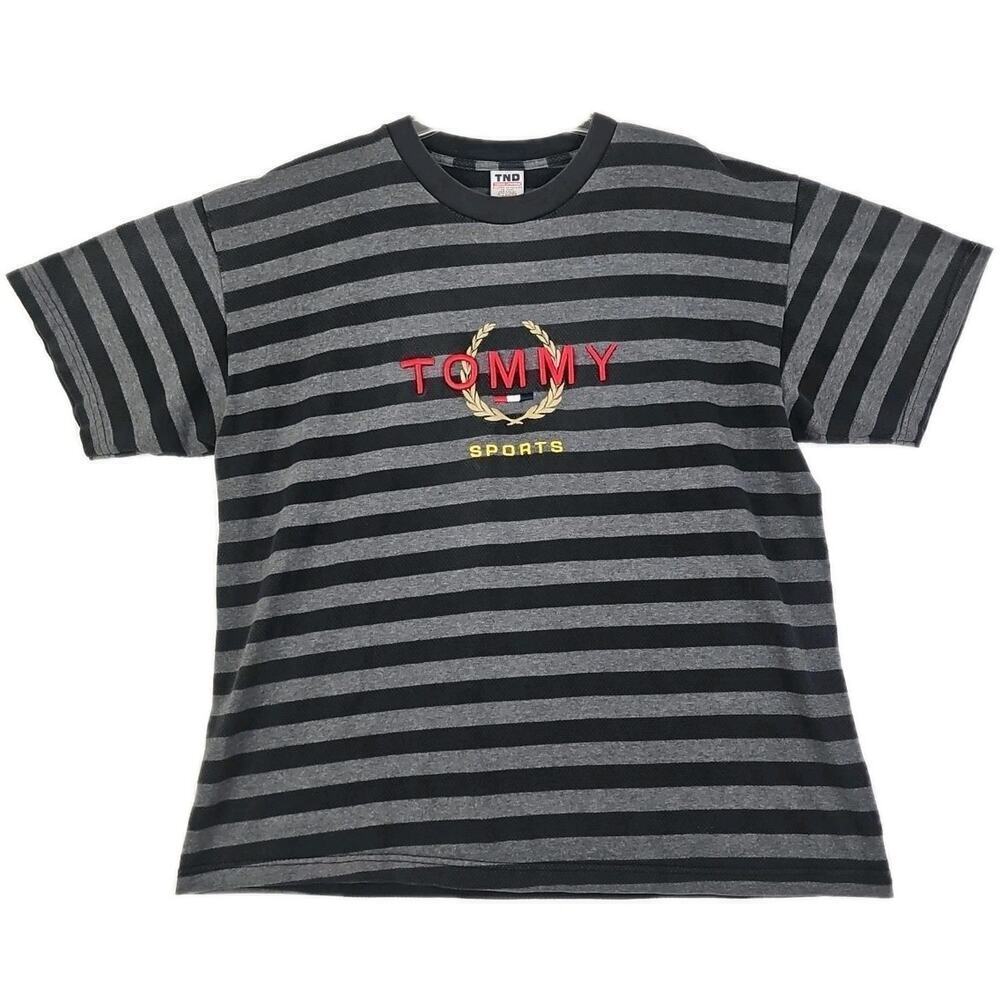 Vintage "Tommy Sports" ~Men's Size XL~ Gray Striped Embroidered Logo T-Shirt.